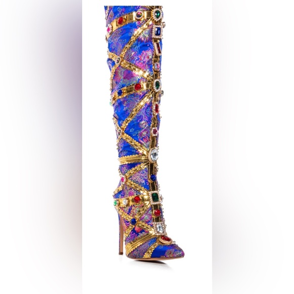 Azalea Wang brocade jeweled blue stiletto boot 7 - Picture 4 of 5